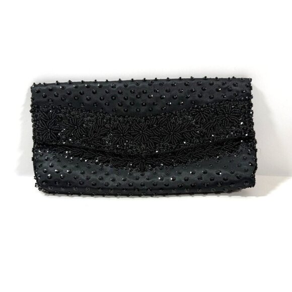 Handbags - Vtg Black Beaded Satin Evening Clutch Micro Bead Flowers Snap Close‎ Hong Kong